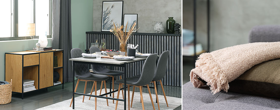 Stue med spisebord i beton look, grå spisebordsstole og skænk i eg 