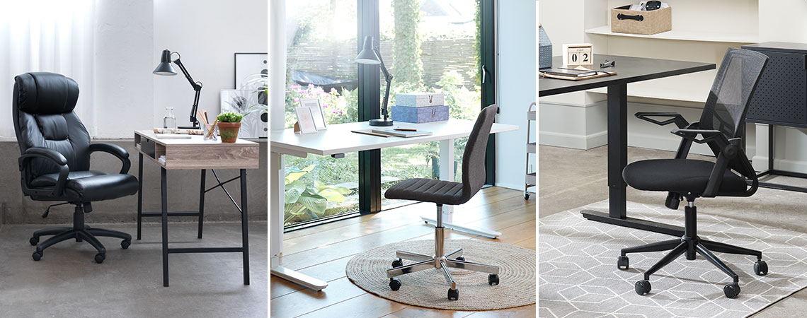 Tre forskellige typer skrivebordsstole og skriveborde til hjemmekontoret