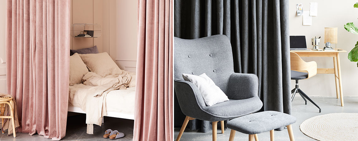 To eksempler på, hvordan du kan bruge gardiner som rumdelere: I et soveværelse og i et hjemmekontor