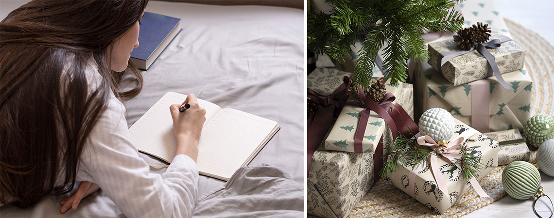 Kvinder liggende i seng og skriver indkøbsliste og julegaver under træet