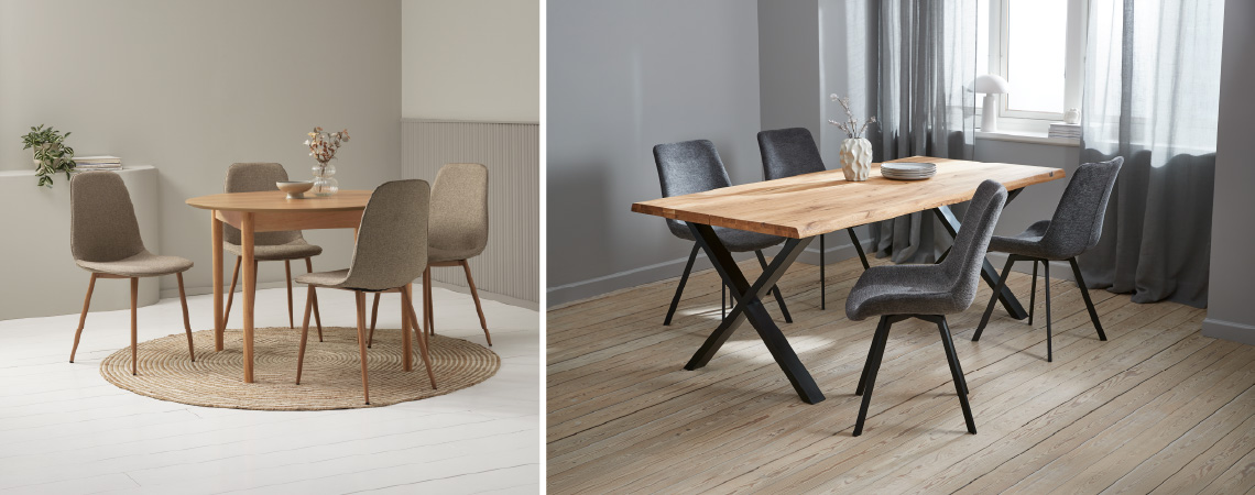 Rundt spisebord med fire grå stole og firkantet spisebord med fire grå stole med armlæn