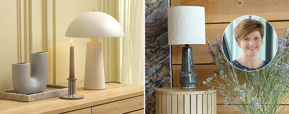 Elegant og lys beige bordlampe samt retro lampe with unik glasering 