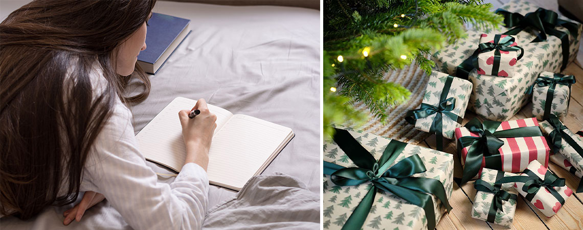 Kvinder liggende i seng og skriver indkøbsliste og julegaver under træet