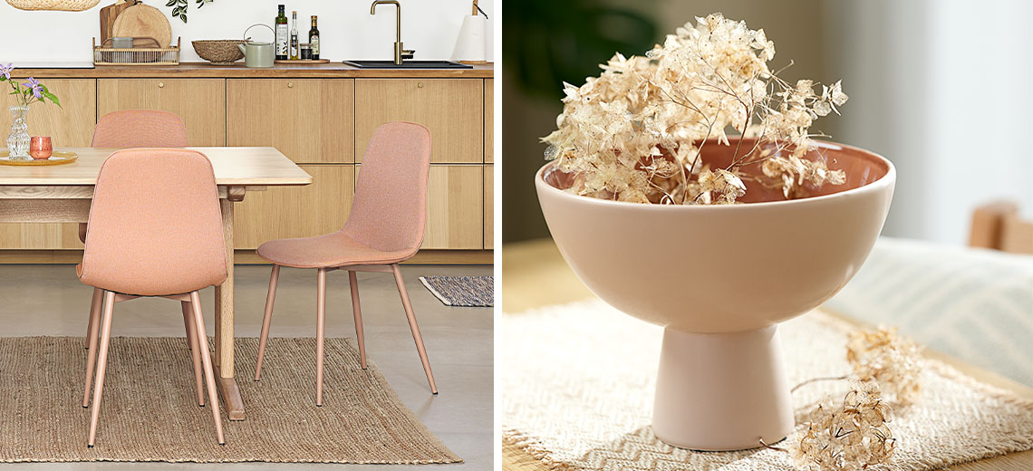 Interiør og boligindretning som vaser og spisebordsstole i peach fuzz, eller fersken farve