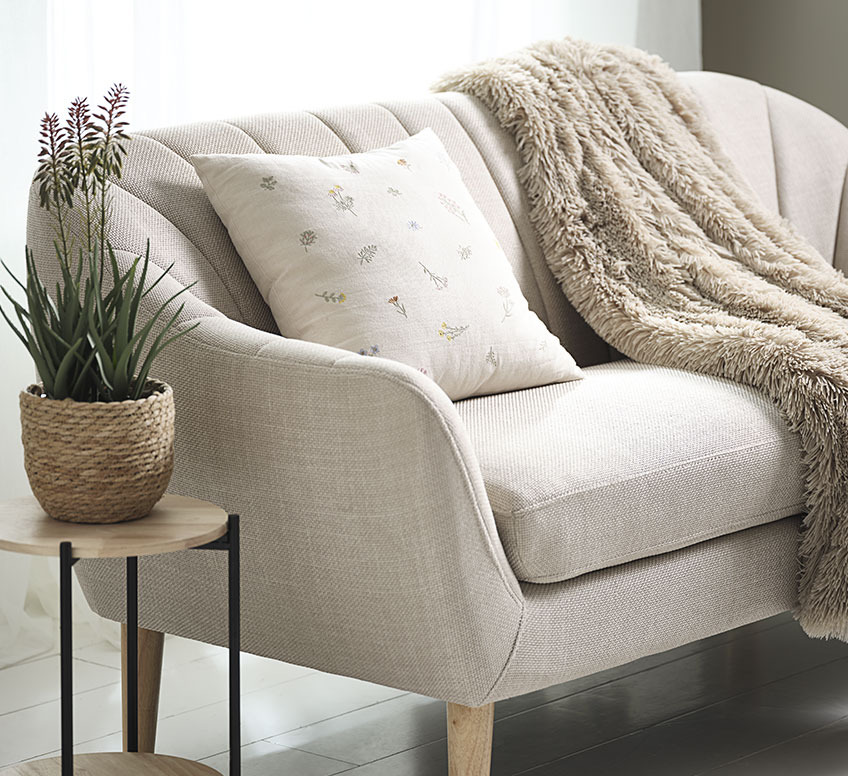 AGERTIDSEL pyntepude og MYRFIOL plaid Sofa med pyntepude og plaid