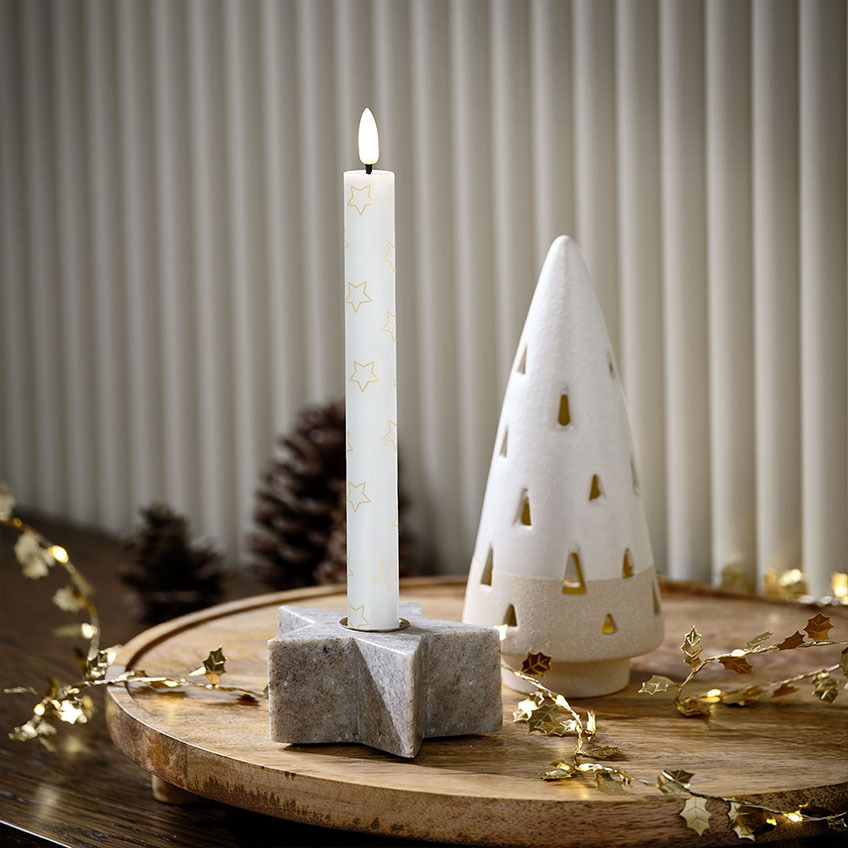 Stjerneformet lysestage i marmor, LED-stearinlys med stjerner og LED-lys formet som juletræ