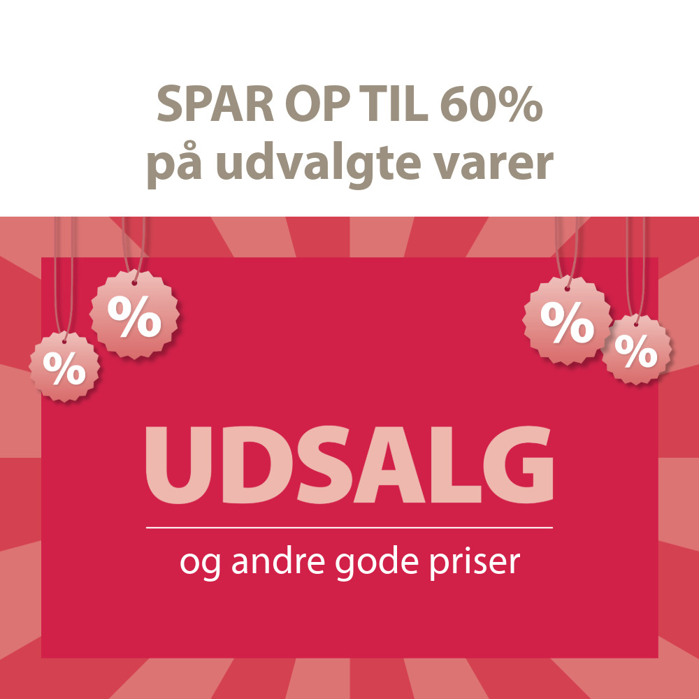 Rød grafik med tekst: udsalg og andre gode priser