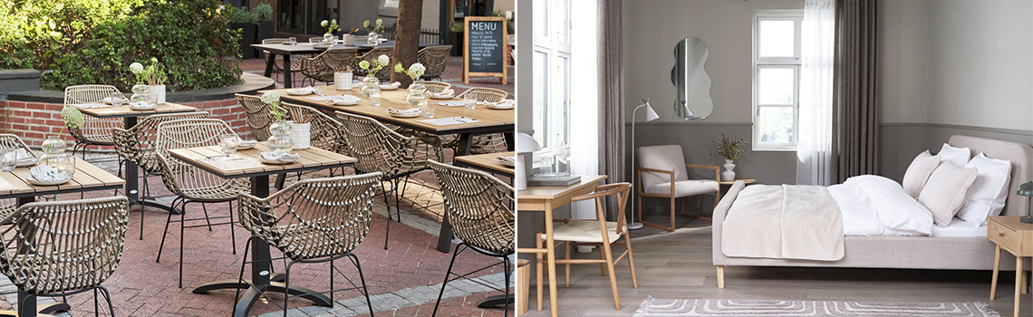 JYSK BUSINESS TO BUSINESS - til alle godt tilbud til din virksomhed. Et udeserveringsområde på en restaurant, og et soveværelse fyldt med JYSK møbler side om side