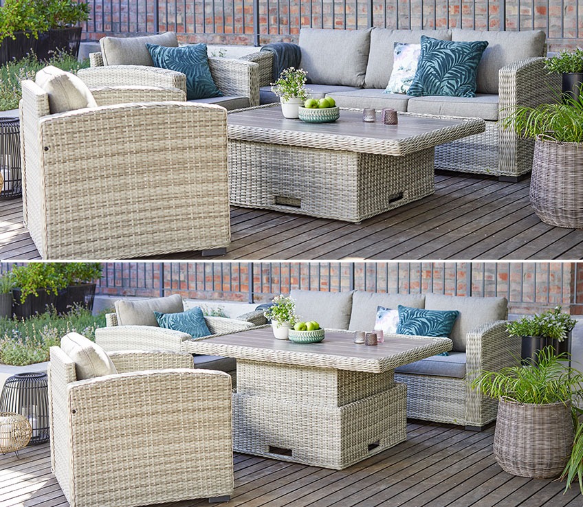 Terrasse med FJELLERUP loungesæt med sofa, bord og lænestole Terrasse med loungesæt med sofa, bord og lænestole