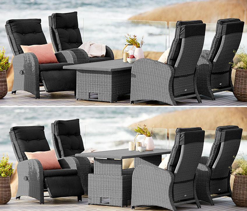 Loungebord og positionsstole på terrrasse ved havet
