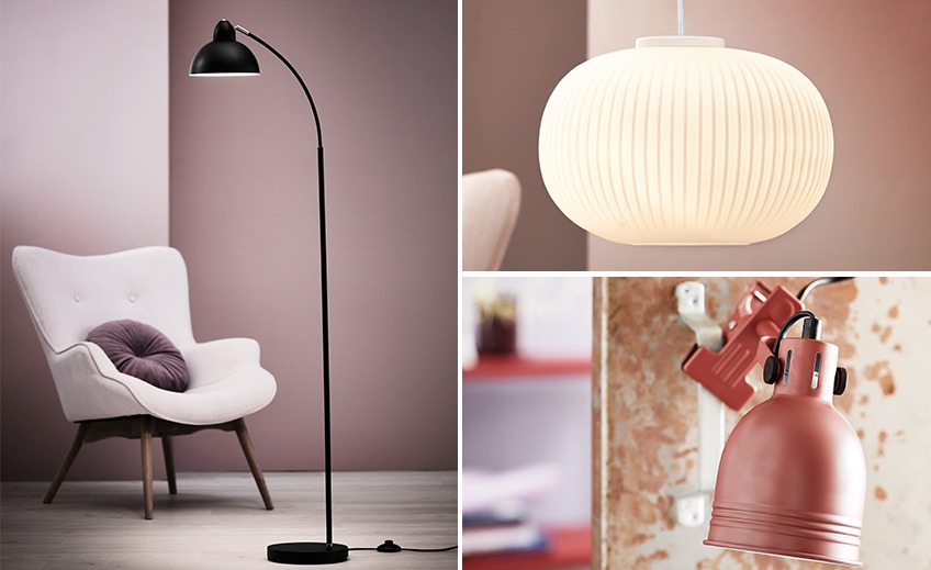Sort gulvlampe i metal, hvid pendel i glas og klemmelampe i rød metal og plast Sort gulvlampe i metal, hvid pendel i glas og klemmelampe i rød metal og plast