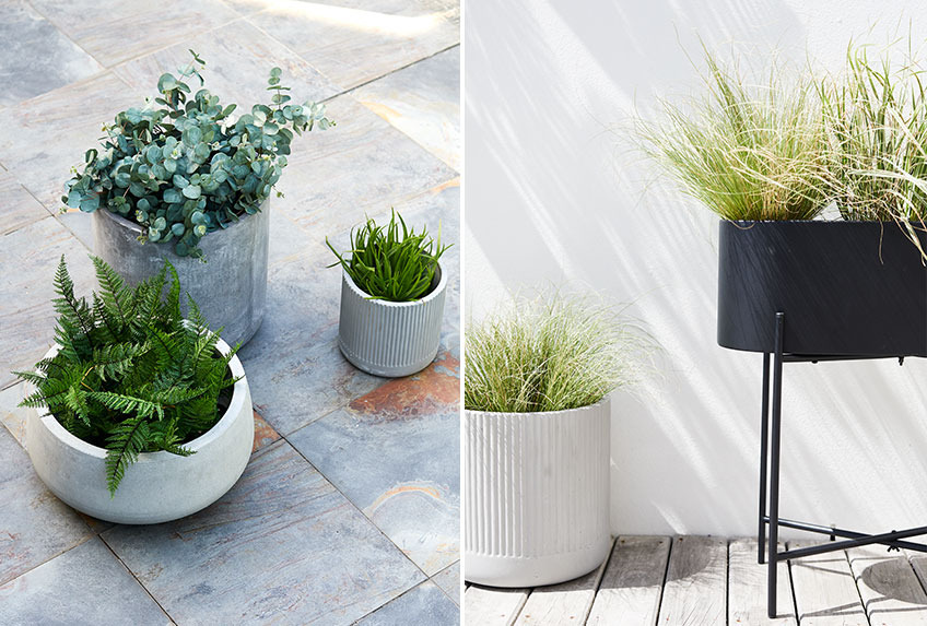Store UGGLA- og FLUGA krukker og SIMMA plantekasse Store krukker og plantekasser på en terrasse