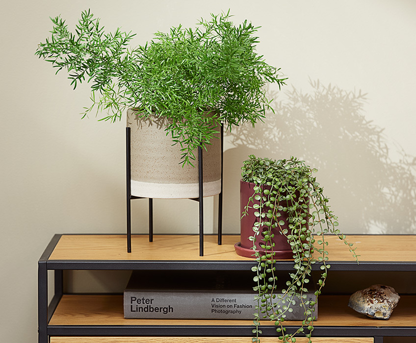 To potteplanter på et moderne TV-bord, den ene med en høj plante og den anden med en hængende kunstig plante