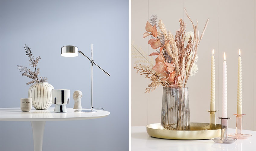 ISAK lampe i krom, BOSSE lys, SOFUS vase, ROY vase i glas, EDGAR lysestage og BALDUR snoede lys Lysestager, lampe og lys i skandinavisk design og lyse farver