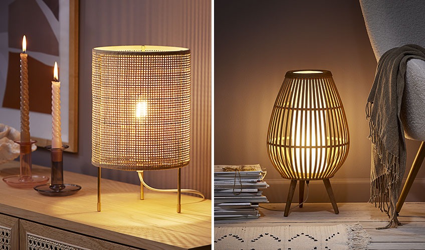 Bordlampe i rattan og gulvlampe i bambus