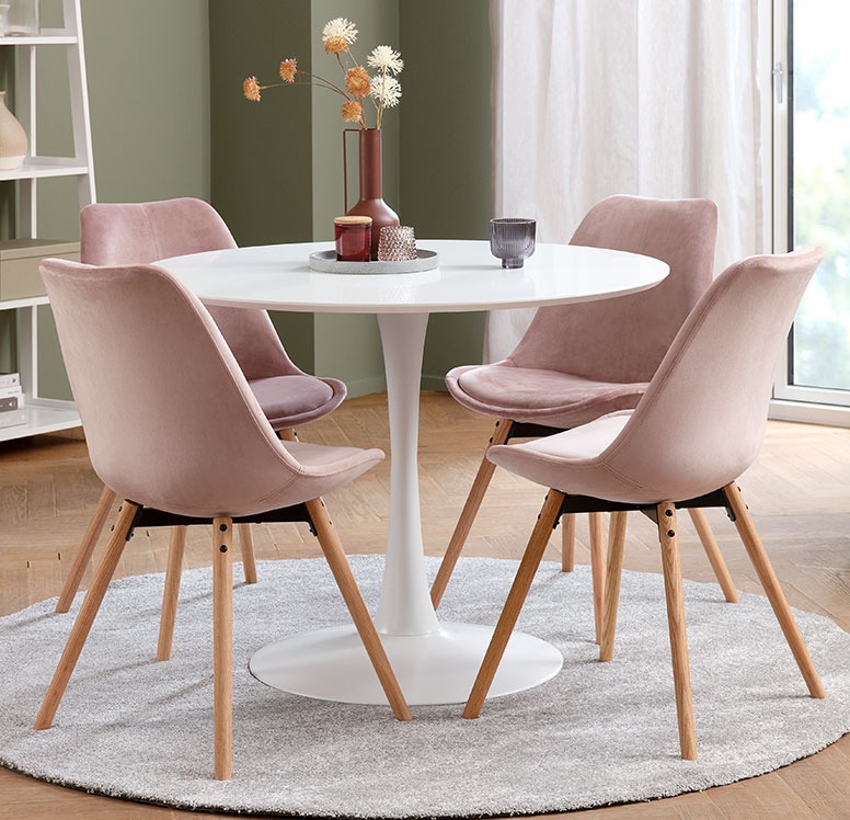 Rundt spisebord med 4 lyserøde spisebordsstole