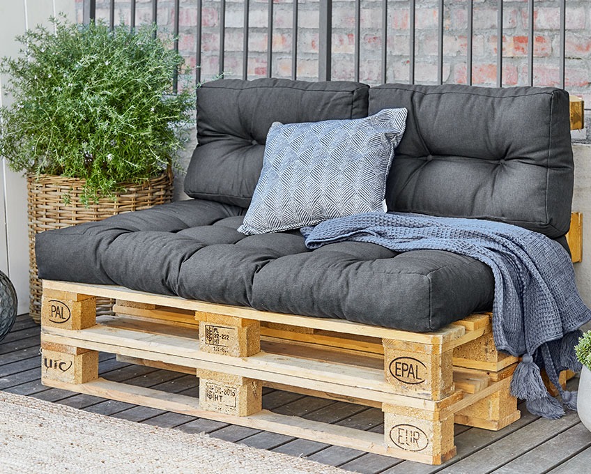 SKJERPE pallet cushions have a foam filling and a strong polyester fabric cover Pallet sofa with thick pallet cushions