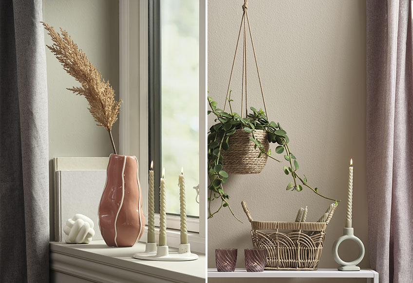 ULF vase og LAURITS lysestage og STEFAN blomsterpotte, VAGN fyrfadsstage, VILIUS kurv og THORSTEN lysestage Vindueskarm med vase og hvid lysestage og konsolbord med fyrfadsstager, kurv og lysestage