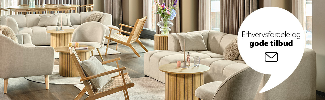 Meld dig til B2B nyhedsbrevet her Lobby/lounge område med ALLESE sofa, THORUP lænestol og VADEHAVET lænestol
